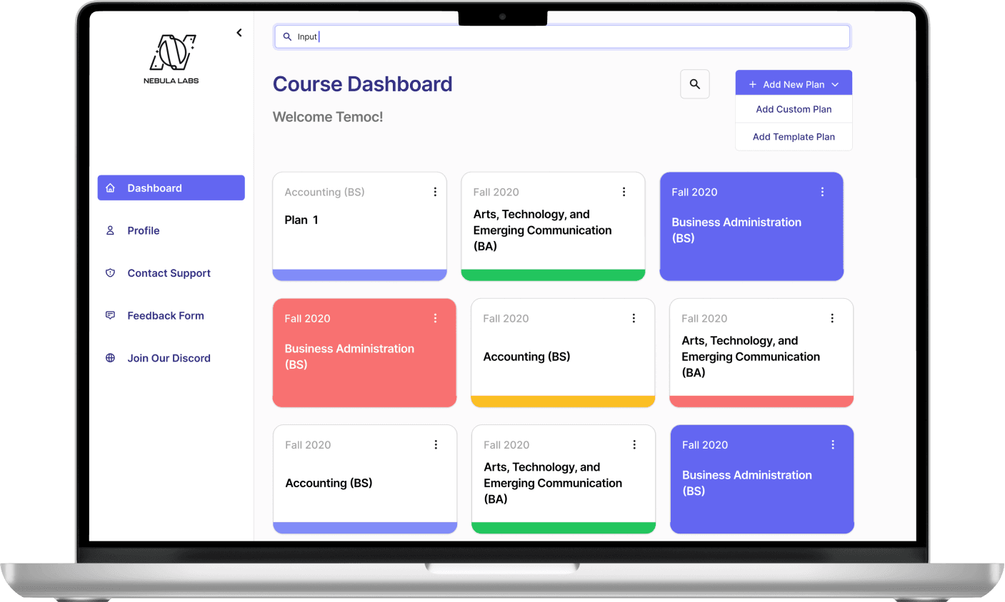 A laptop displaying Planner's dashboard, showing a list of degree plan cards